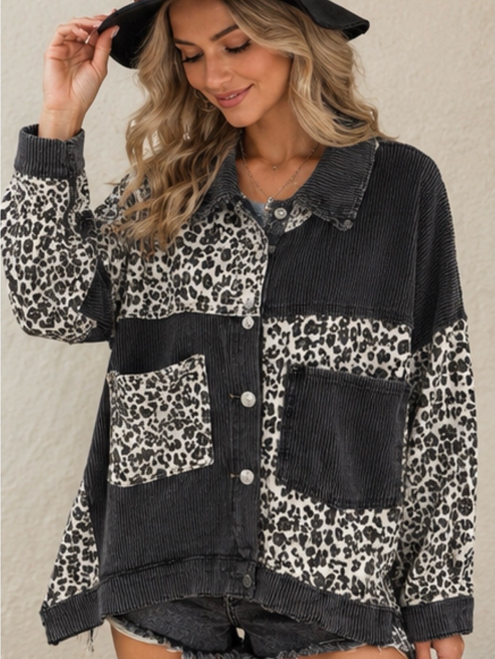 POL Black Leopard Patchwork Jacket L Oversized Corduroy